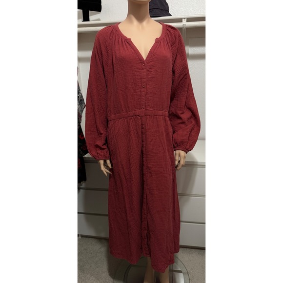 Pact Dresses & Skirts - Pact Organic Cotton Gauze Button Front Maxi Dress XL Rust Red Long Sleeve Pocket